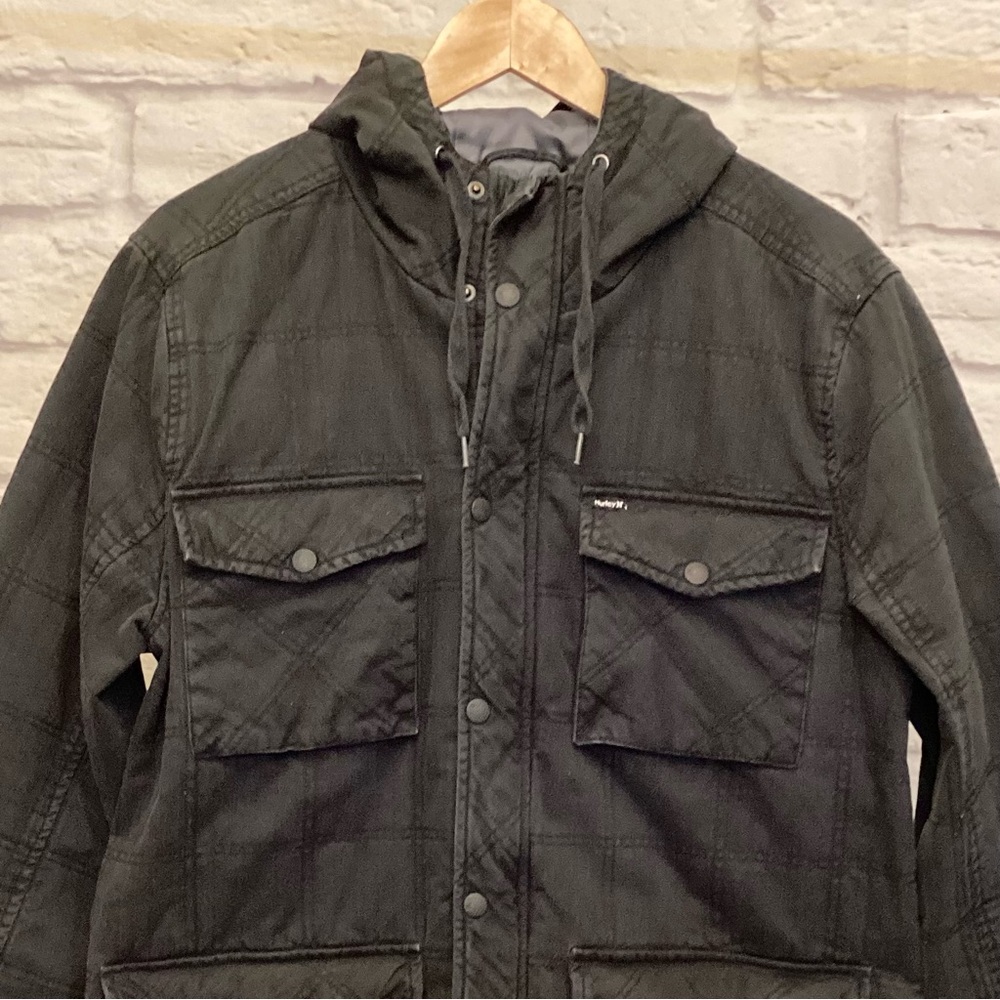 Hurley Lg Canvas Chore Barn Jacket Men’s Faded Black Pockets Hooded Small Flaw - Picture 2 of 12